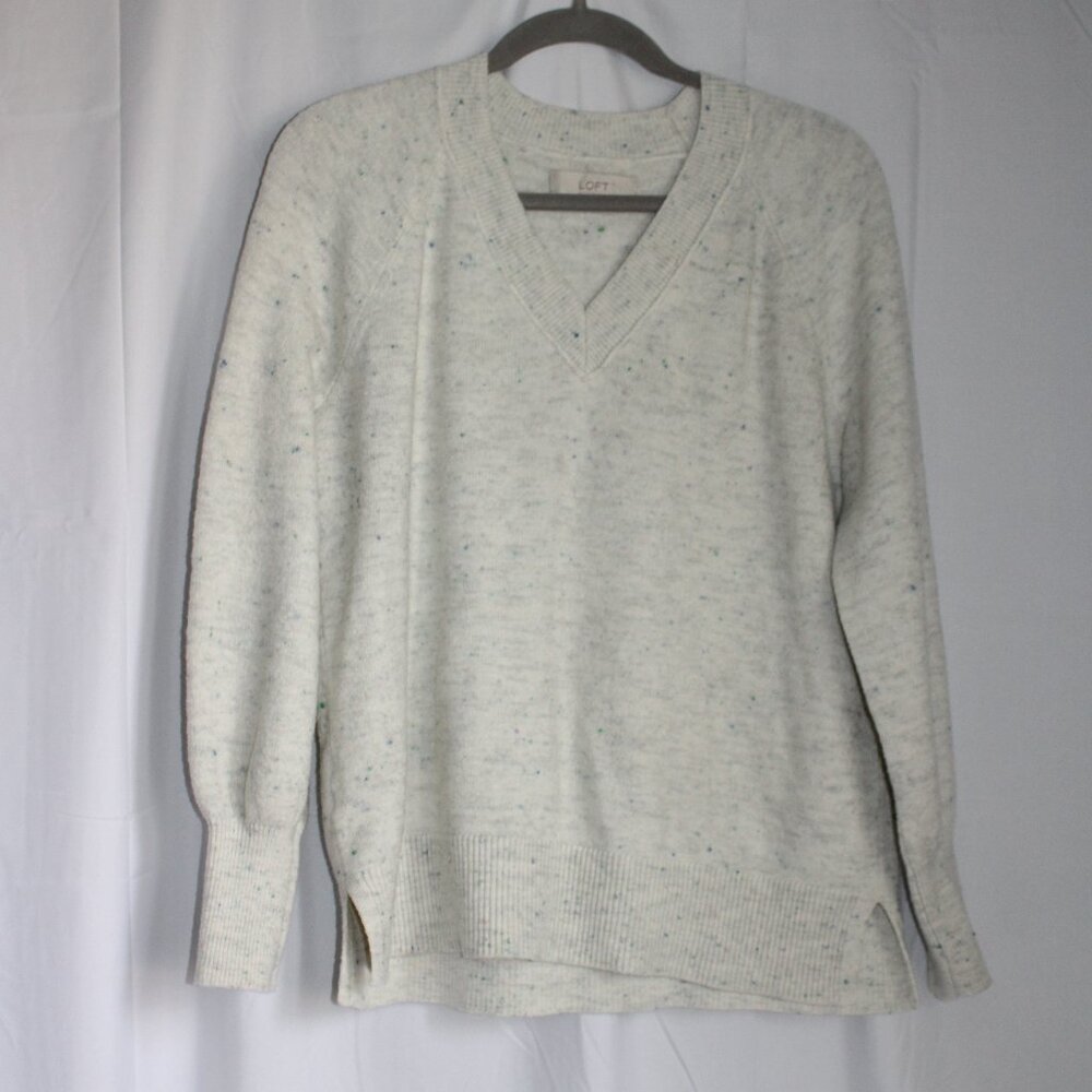 Loft Cream Multi-color Speckled Sweater V-neck Long Sleeve Large